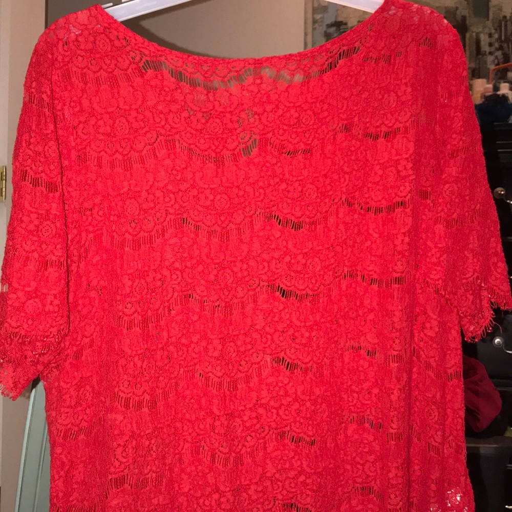 Red lace shirt.
